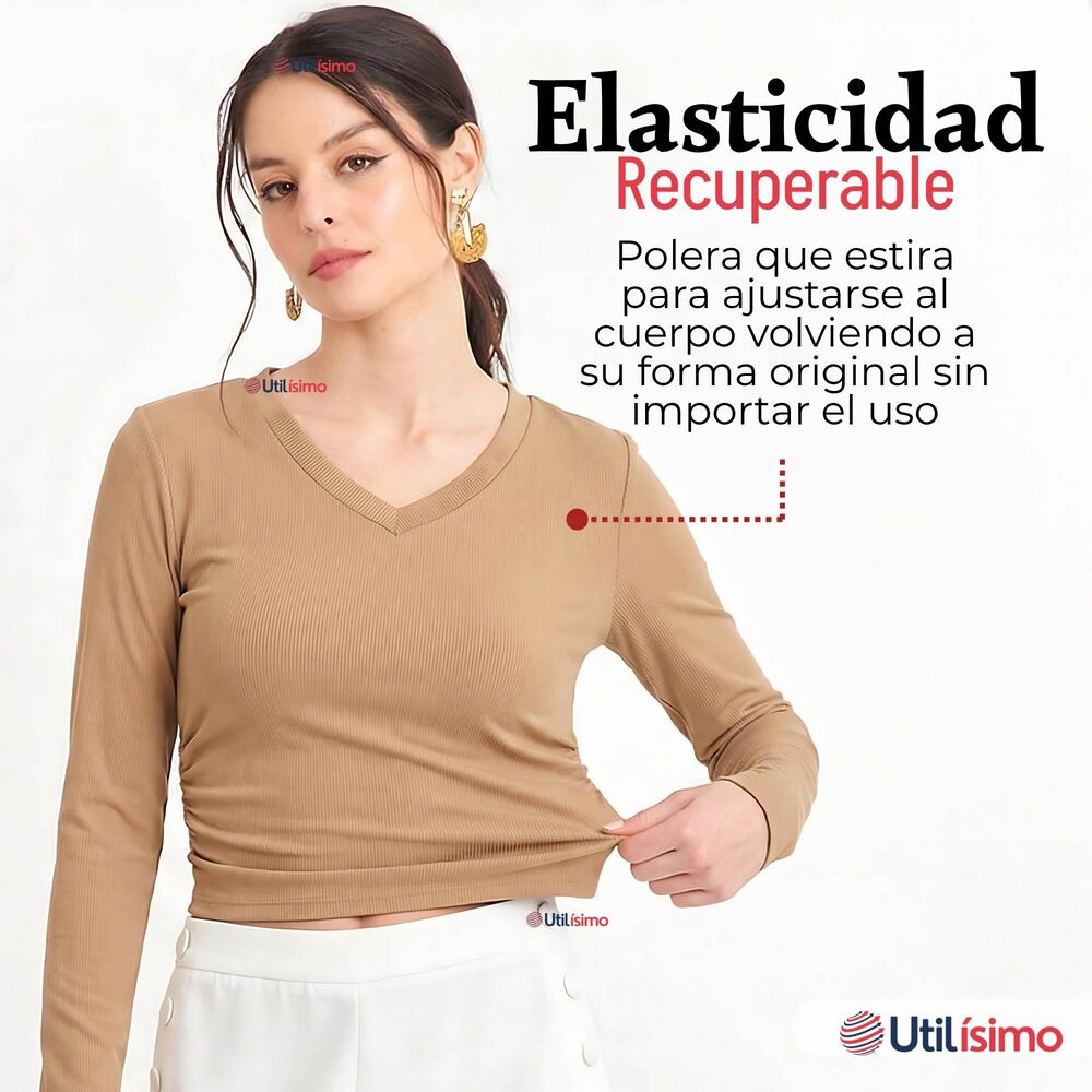 Pack 3 Camisetas Polar Polera Cuello V Mujer Manga Larga Tela Acanalada Colores Surtidos image number 8.0