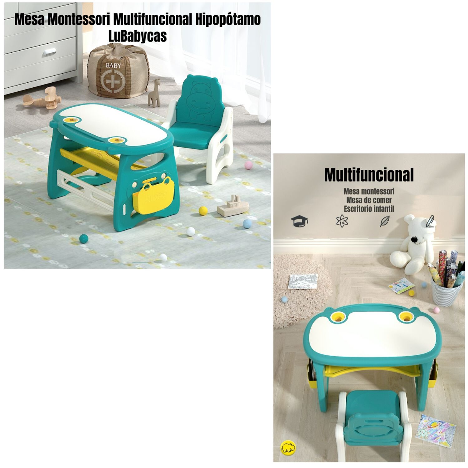 Mesa Con Silla Montessori Para Ni&ntilde;os Hipop&oacute;tamo Lubabycas image number 0.0