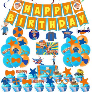 Pack Cumpleaños Blippi Globos Toppers Cinta, Cotillon Y Mas
