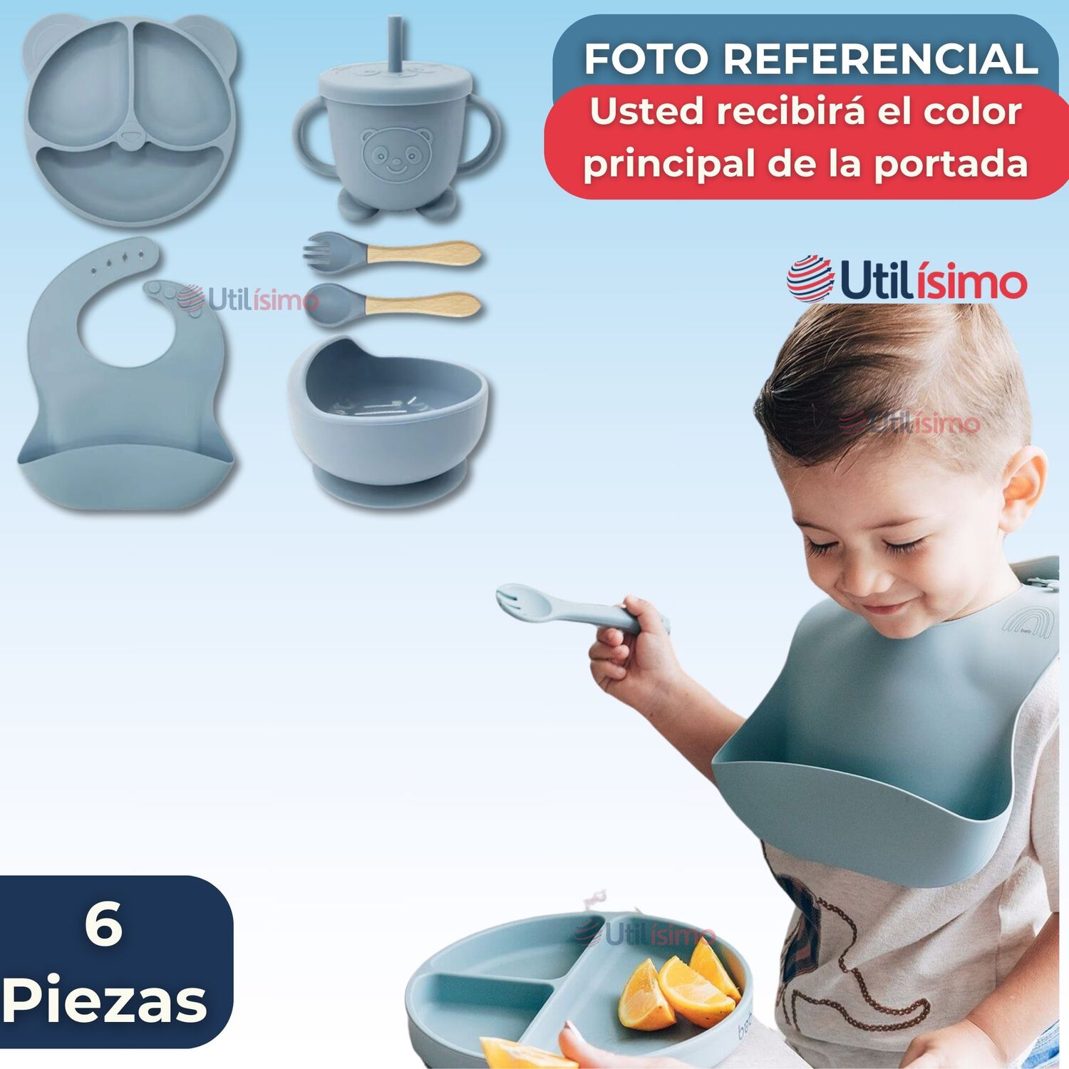 Set De Alimentaci&oacute;n Beb&eacute; Silicona De Oso 6 Piezas Libre Bpa Color Celeste image number 5.0