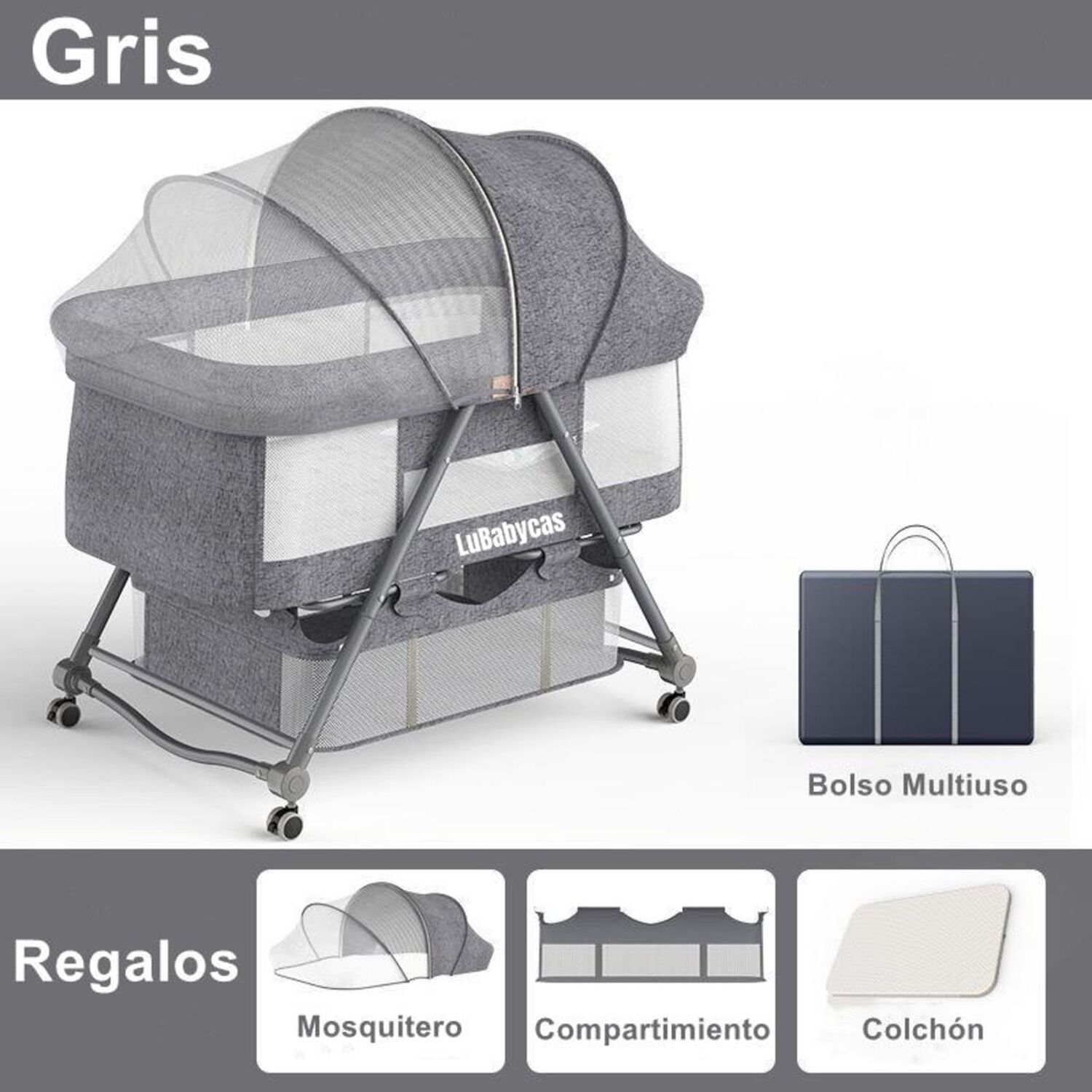 Cuna Beb&eacute; Mois&eacute;s Con Mosquitero Pro Gris Lubabycas image number 1.0