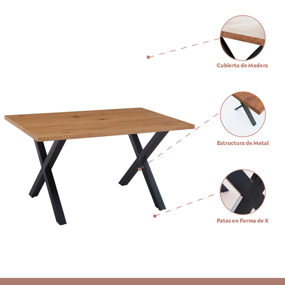 Comedor Mesa Color Madera Y Metal Cross 140x90 + 6 Sillas Crossback Madera Rattan Natural image number 2.0