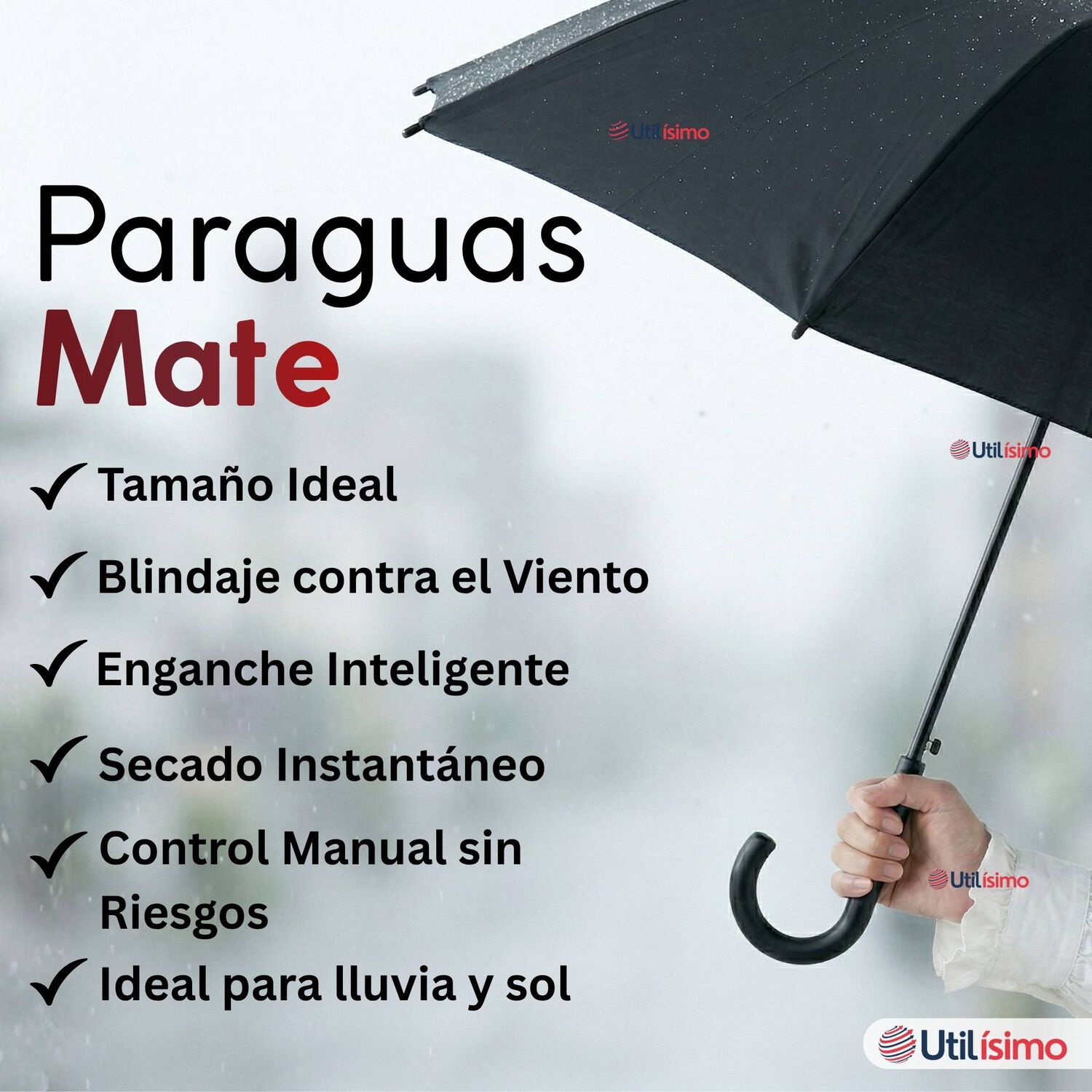 Paraguas Mate Grande 92,5 Cm Sombrilla Autom&aacute;tica Mango Largo Negro image number 2.0