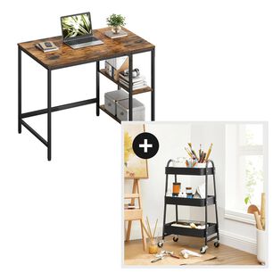 Kit Home Office Escritorio 100cm + Carro Organizador 3 Nivel Marr&oacute;n