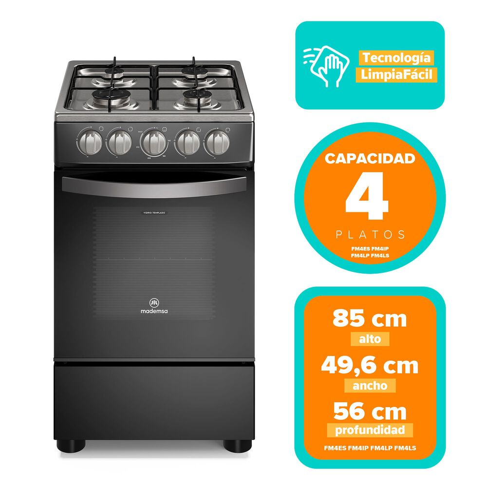 Cocina A Gas 4 Platos Mademsa Limpiaf&aacute;cil Fm4ip Negra image number 1.0
