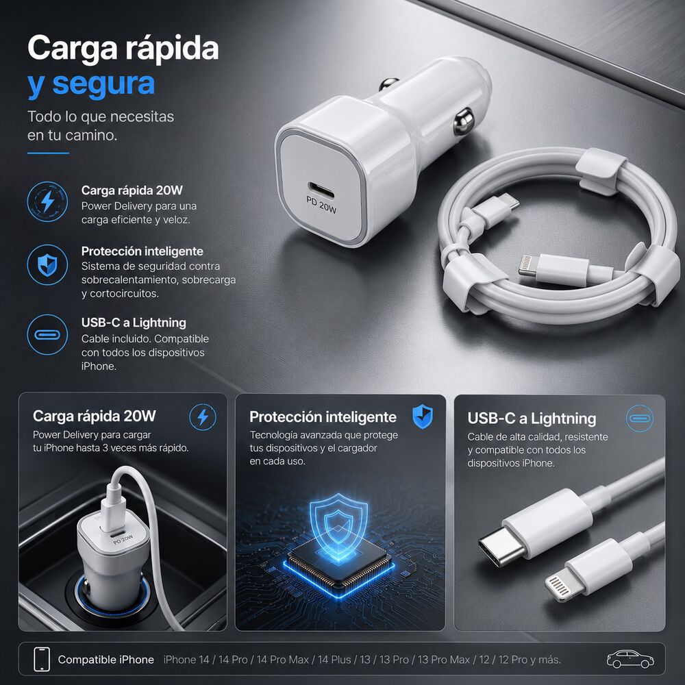 Cargador De Auto 20w Usb-c A Lihtning Compatible Con Iphone image number 2.0