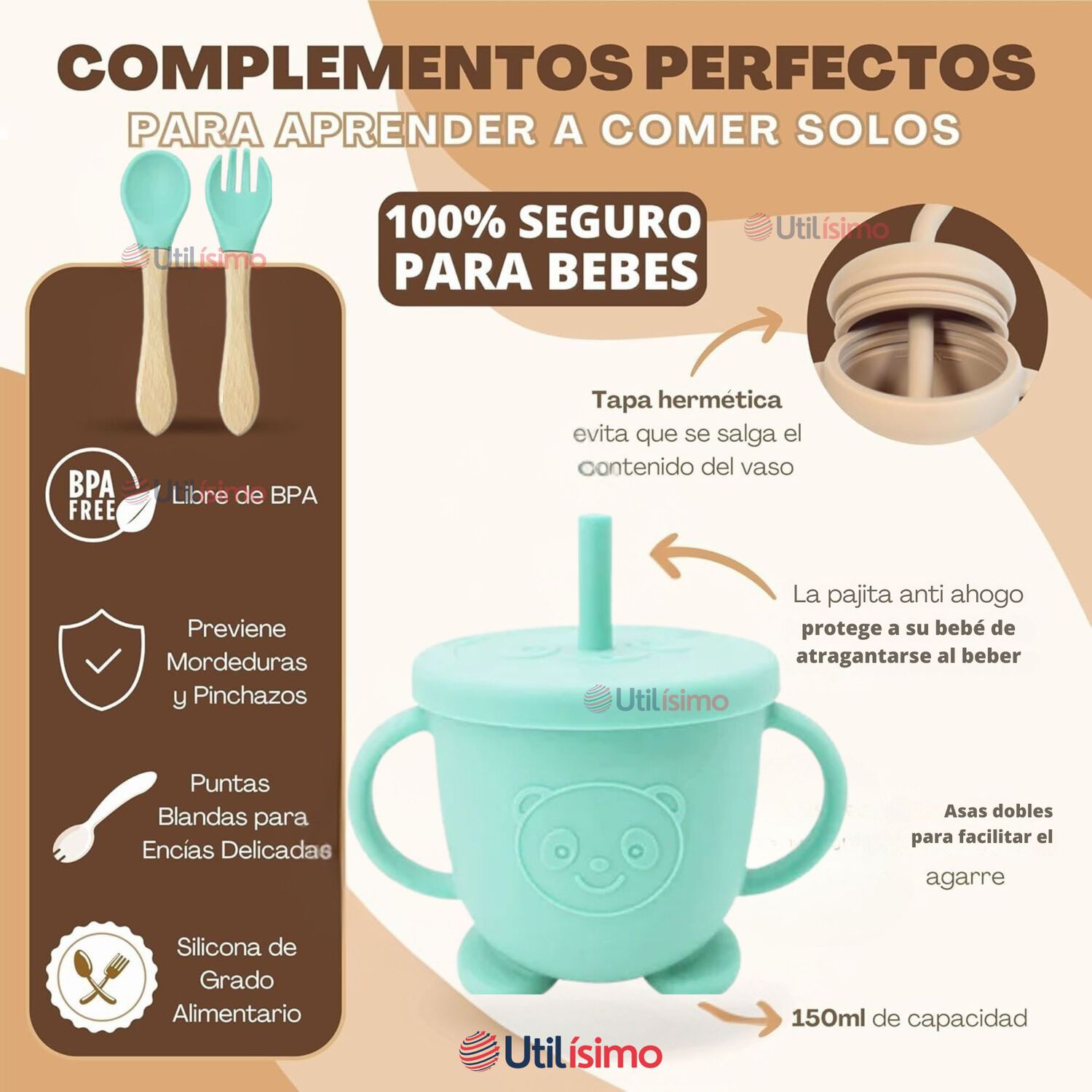 Set De Alimentaci&oacute;n Beb&eacute; Silicona De Oso 6 Piezas Libre Bpa Color Turquesa image number 9.0