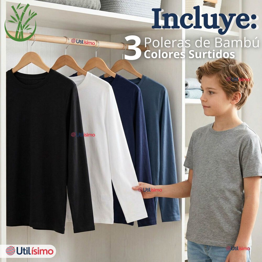 Pack 3 Poleras Camisetas Bamb&uacute; Cuello Redondo Primera Capa Manga Larga Colores Surtido Ni&ntilde;o image number 1.0