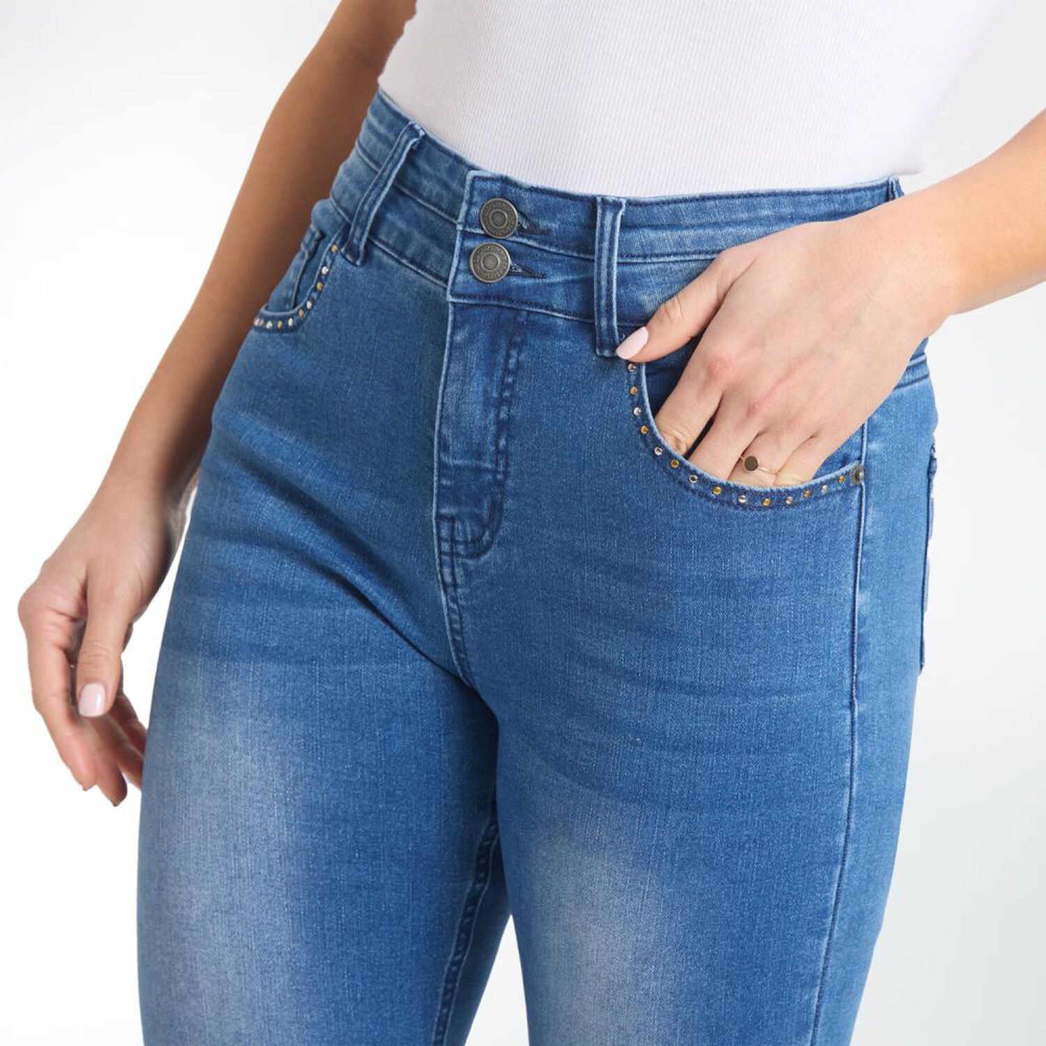 Jeans Brillos Tiro Alto Flare Mujer Geeps image number 4.0