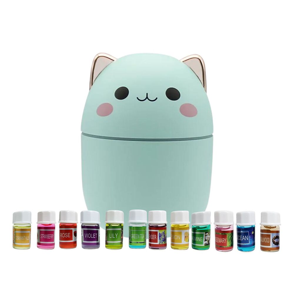 Pack Humidificador Diseño Gato Verde + 12 Esencias Aromaticas image number 0.0