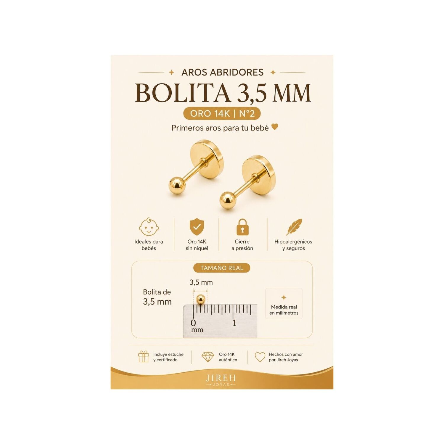 Aros Abridores Bolita 3.5mm N2 Oro14k Beb&eacute; Hipoalerg&eacute;nico Dorado image number 6.0