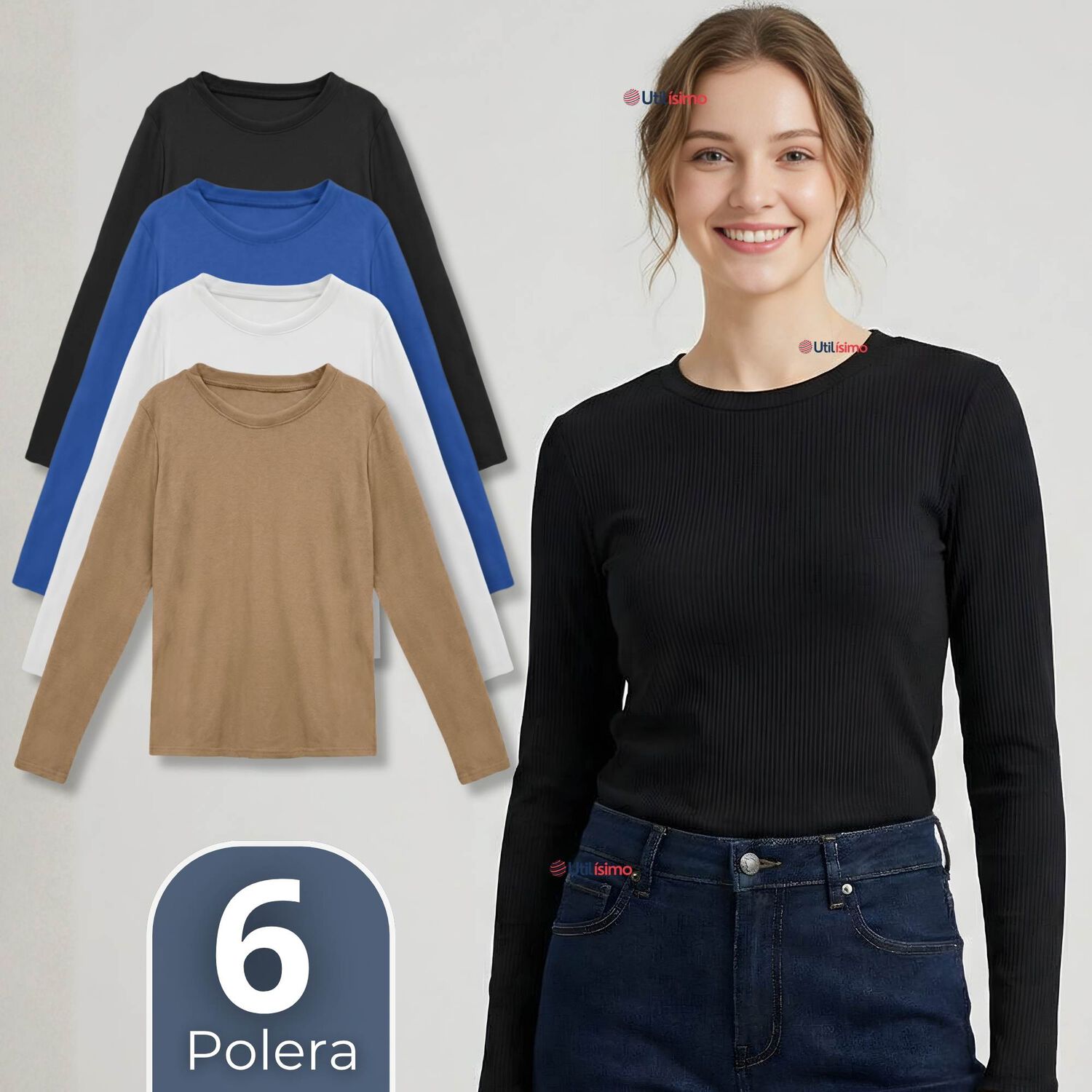 Pack 6 Camisetas Polar Polera Cuello Redondo Mujer Manga Larga Tela Acanalada Colores Surtidos image number 0.0