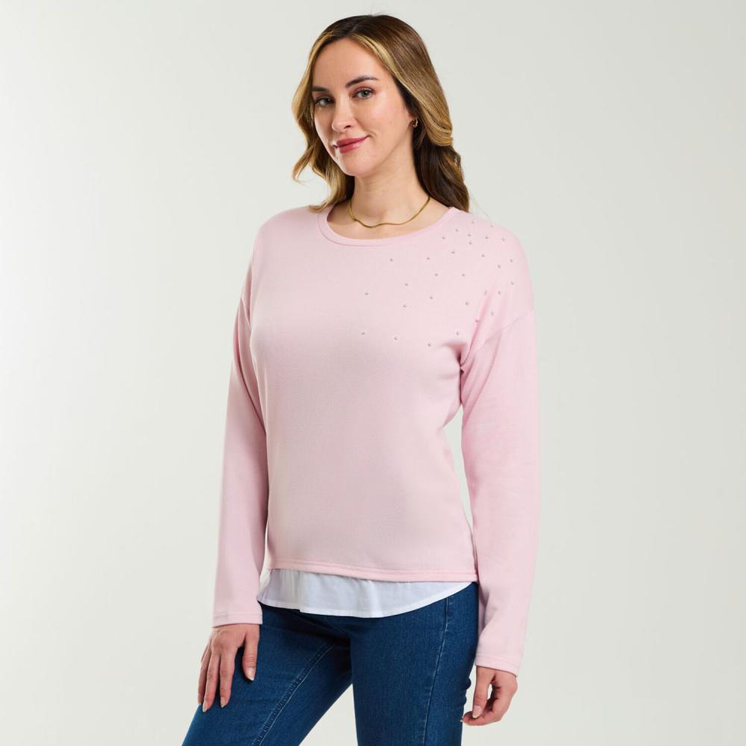 Sweater Liso Aplicaci&oacute;n Strass Manga Larga Cuello Redondo Mujer Geeps image number 2.0