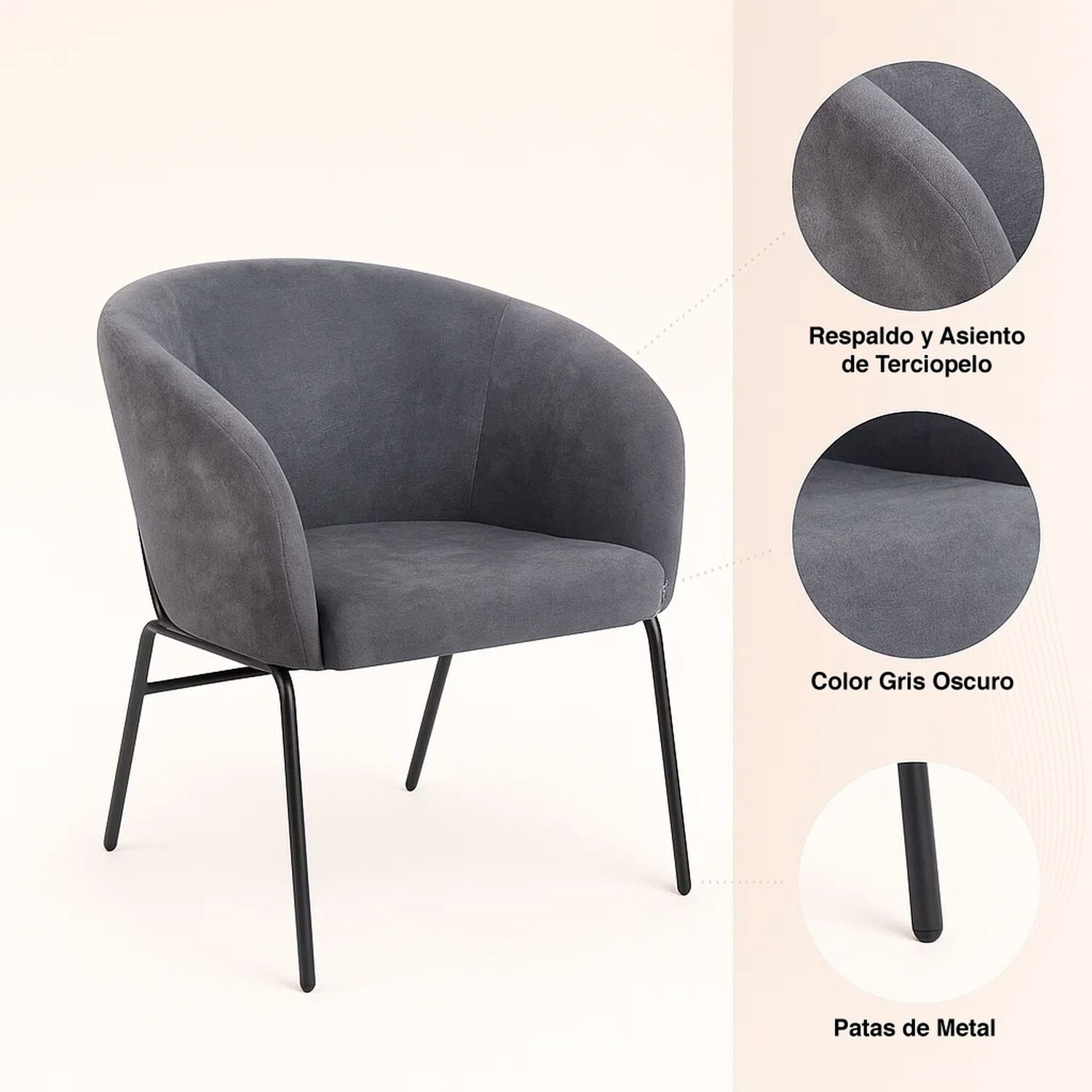 Sill&oacute;n Arko De Terciopelo - Gris image number 9.0