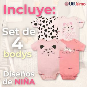 Pack 4 Bodys Niña Manga Corta Tedmimak 100% Algodón Cat Love