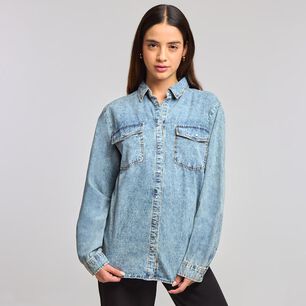 Blusa Denim Manga Larga Cuello Camisero Mujer Freedom