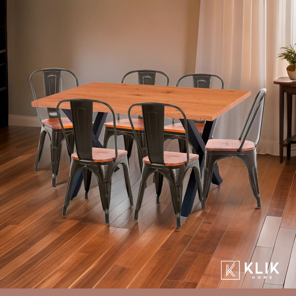 Comedor Color Madera Y Metal Cross 140x90 + 6 Sillas Tolix Con Asiento De Madera Oscura - Negras image number 1.0