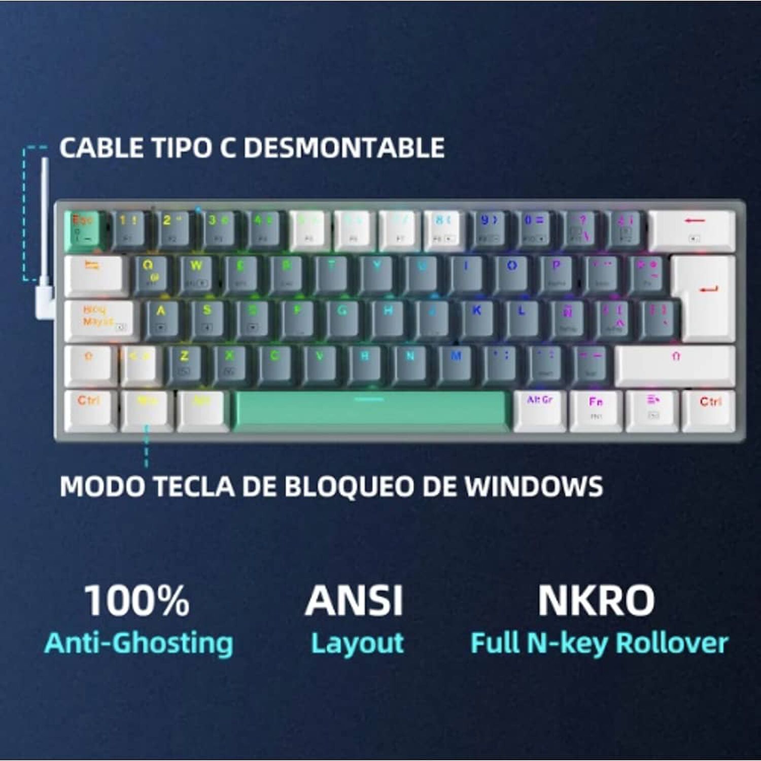 Teclado Mec&aacute;nico Bluetooth Espa&ntilde;ol 60% Gamer K500-b61 image number 2.0
