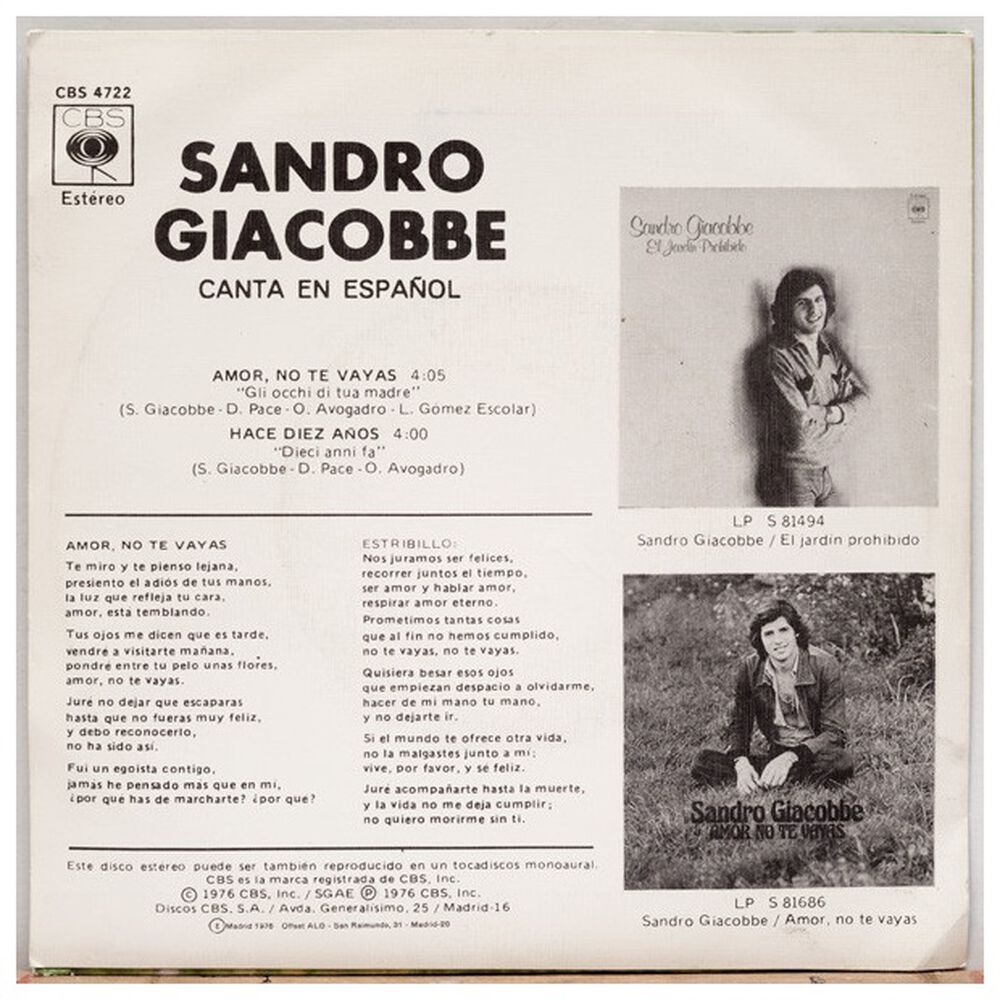Sandro Giacobbe - Amor No Te Vayas(en Español) | 7" Single Vinilo Usado image number 1.0