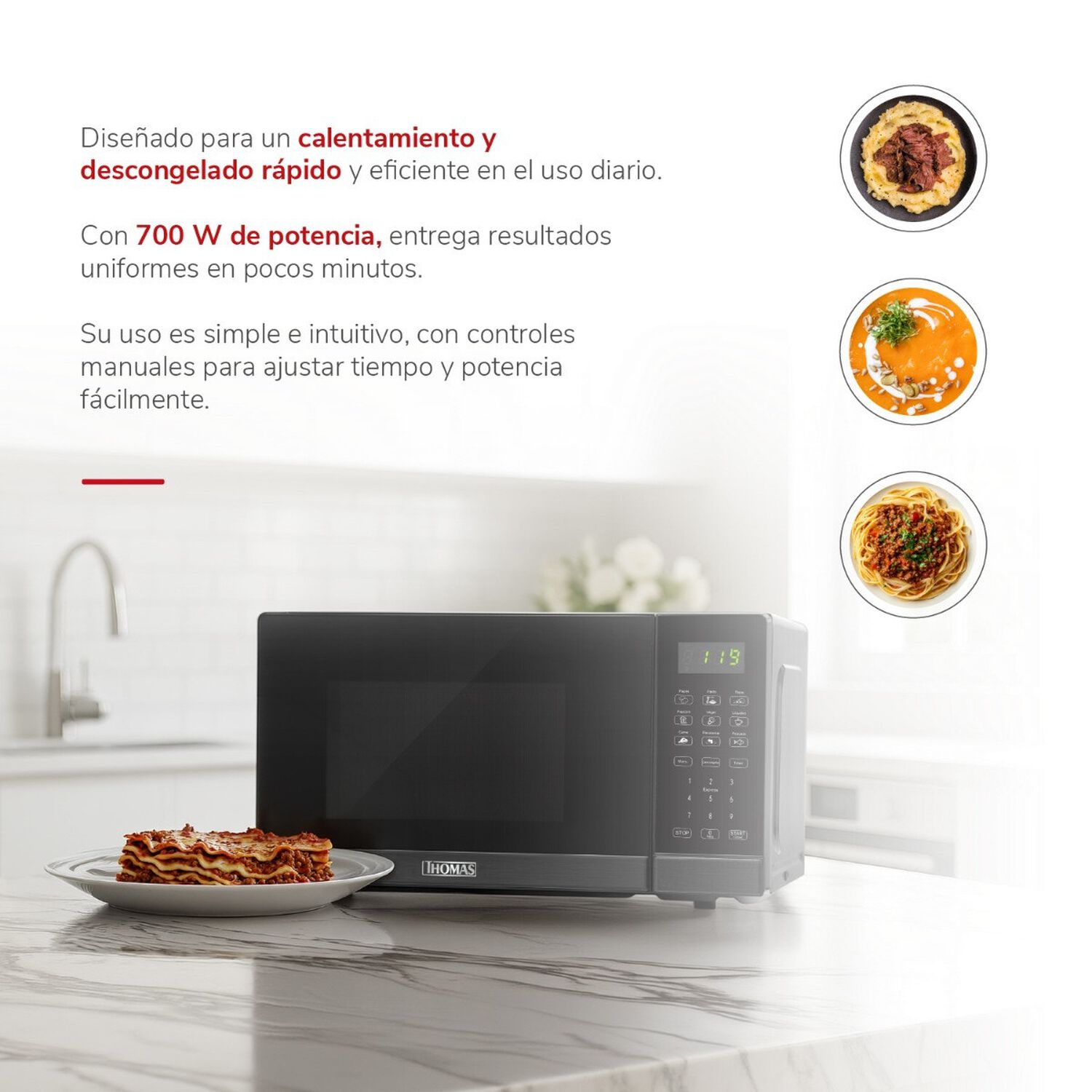 Microondas Digital Thomas Thmw20dn Heattouch 20 Litros 700w Microondas De Mesa Pantalla Touch 10 Niveles De Potencia Programas Autom&aacute;ticos Descongelad image number 3.0