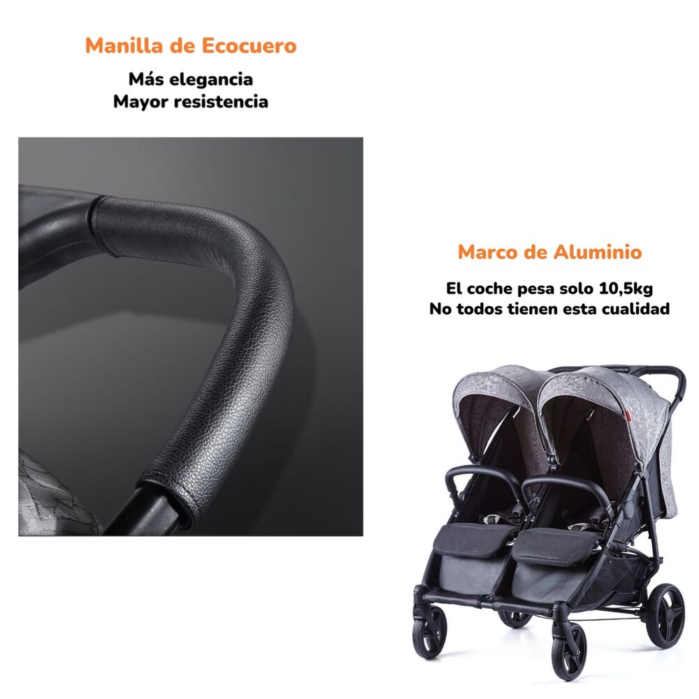 Coche Doble De Paseo Marco Aluminio Liviano Gris Lubabycas image number 5.0