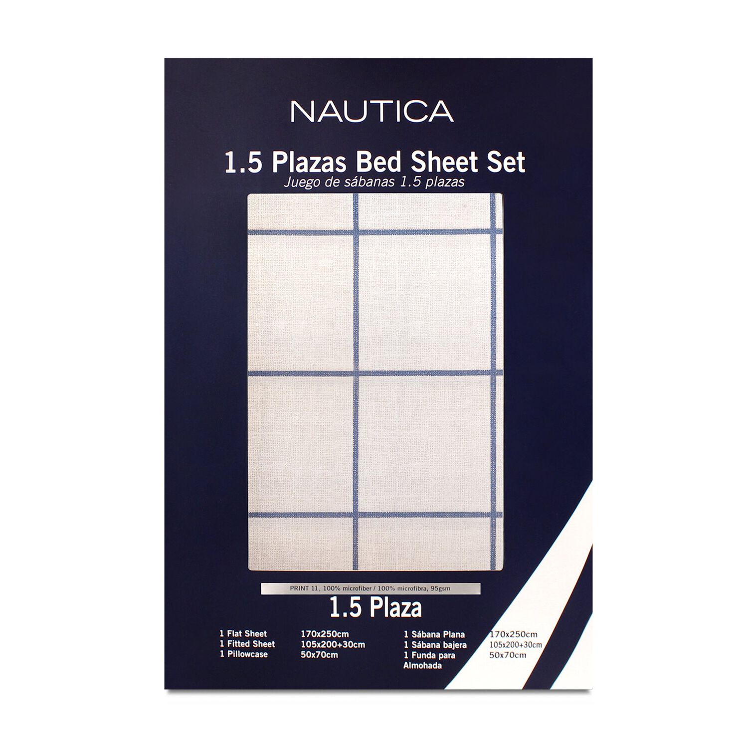 Juego S&aacute;banas Nautica 3piezas Microfibra 1,5 Plazas Dise&ntilde;o A Cuadros Blanco image number 3.0