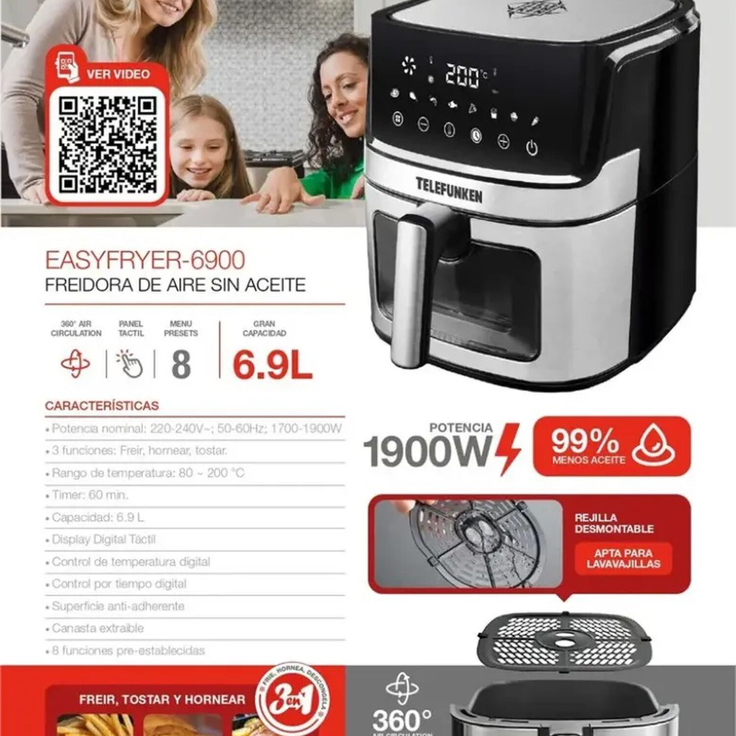 Freidora De Aire Telefunken Easyfryer 6900 Negro Plateado 6.9 Litros image number 7.0
