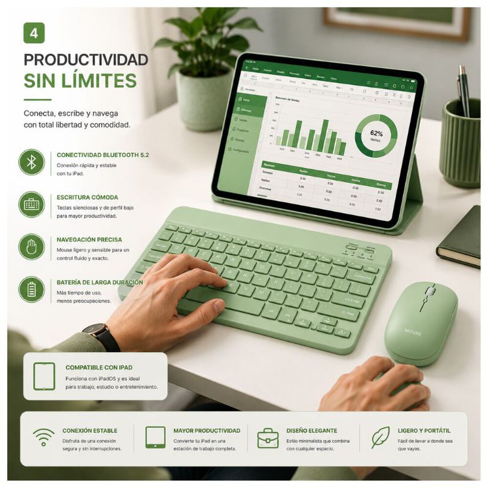Kit De Teclado Mouse Para Ipad O Tablet Android Slim Verde image number 5.0
