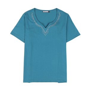 Polera Lisa Aplicaci&oacute;n Strass Manga Corta Cuello Redondo Mujer Lesage