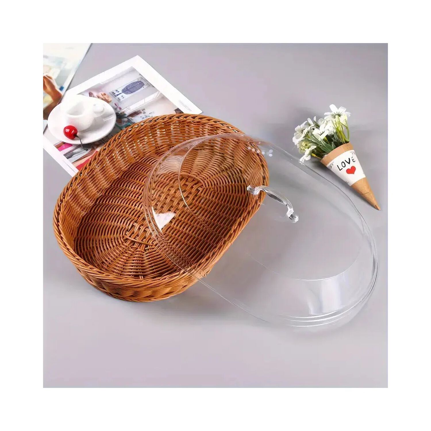Cesta Panera Premium Rattan Cubierta Acr&iacute;lico Transparente Marr&oacute;n Trenzado image number 3.0