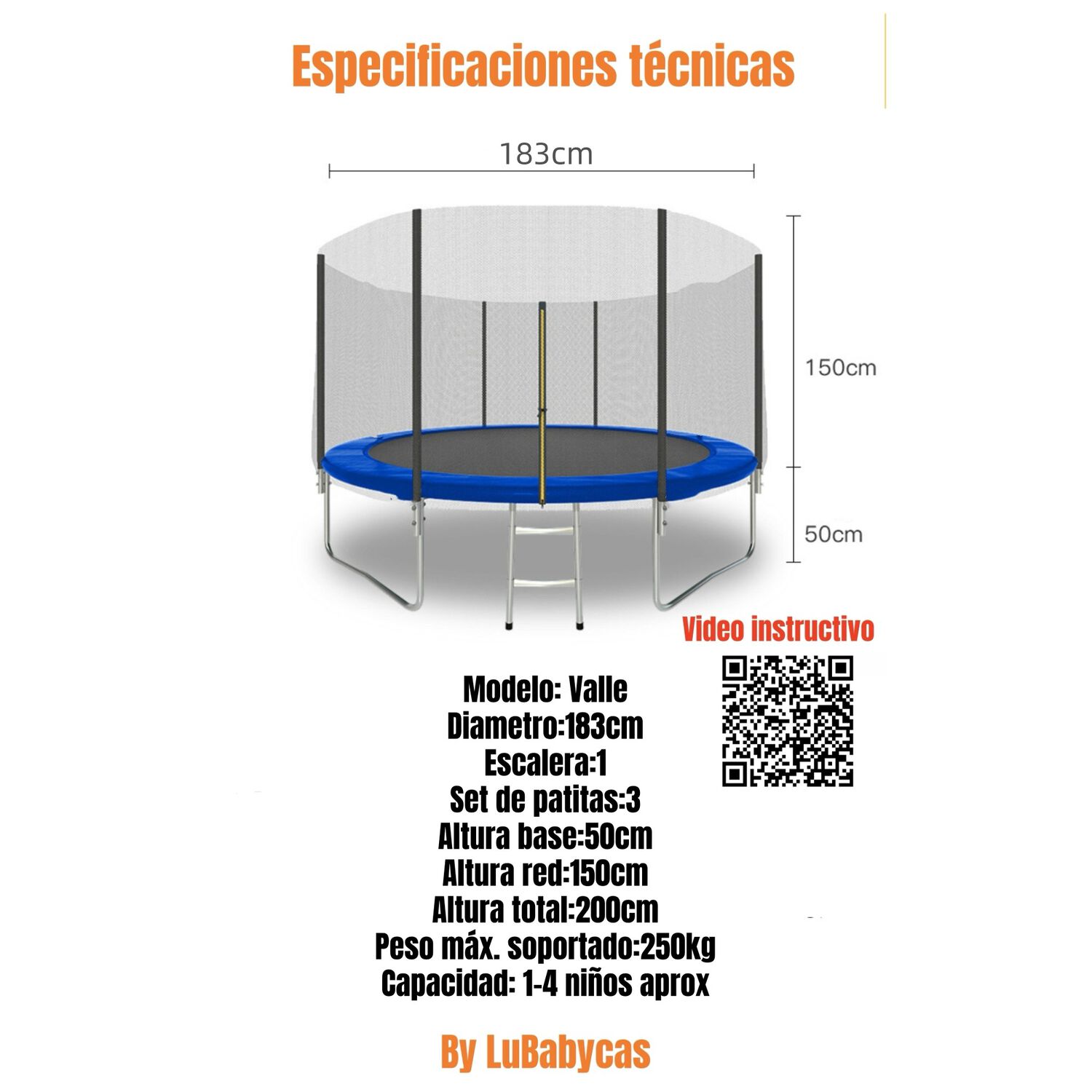 Cama El&aacute;stica Trampoline 183cm Con Escalera Valle Lubabycas image number 15.0