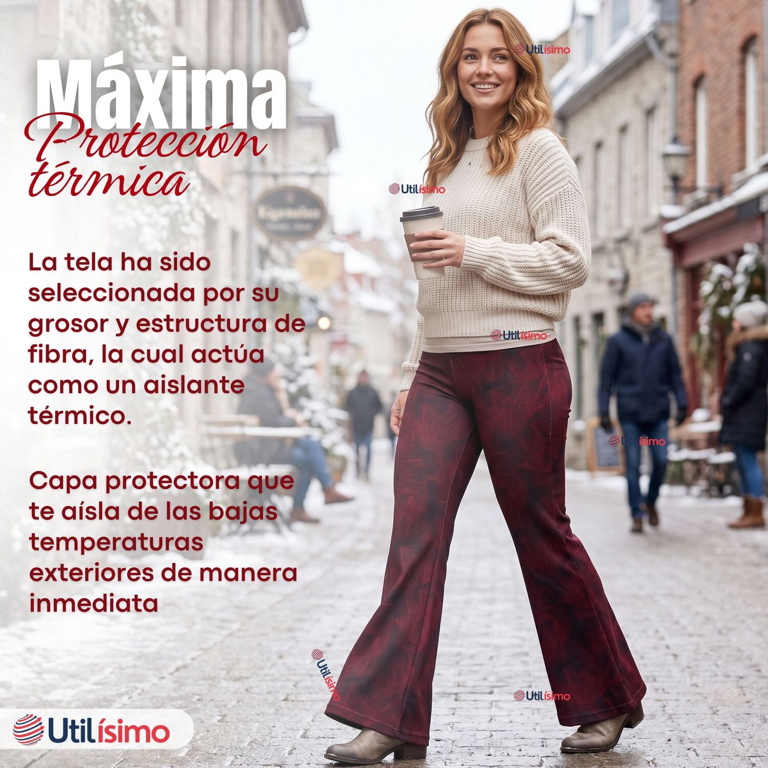 Pantal&oacute;n Polar Con Chiporro Palazzo Mujer Calza Elasticada T&eacute;rmica Burdeo image number 9.0