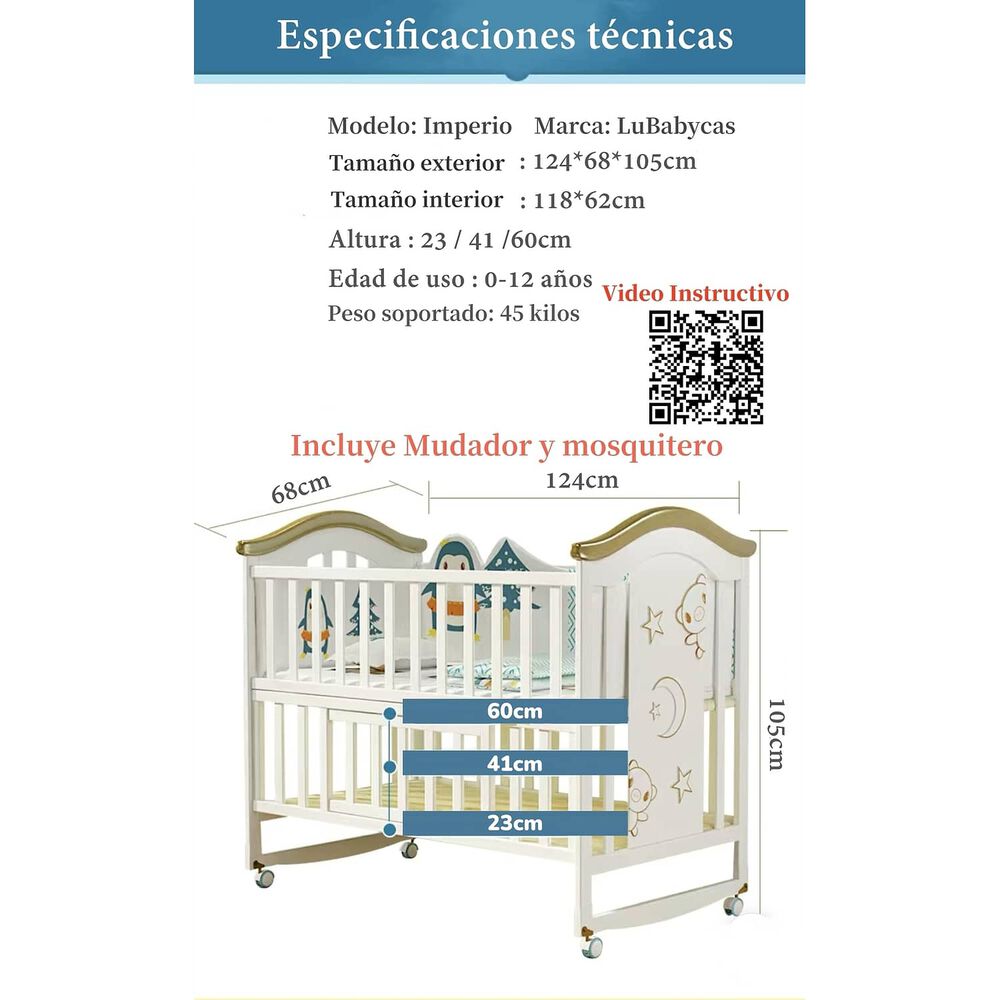 Cuna Colecho Madera Con Mudador Mosquitero Lubabycas Azul image number 7.0