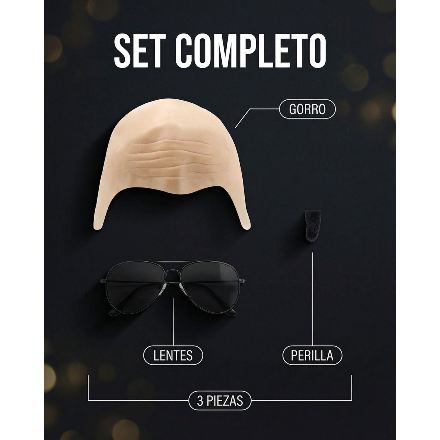 Kit Disfraz Calvo Con Lentes Aviador Y Barba Postiza Cosplay image number 2.0