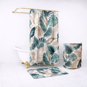 Set Para Ba&ntilde;o Nautica Home Cortina+alfombra+cesta Dise&ntilde;o Hojas Tropicales