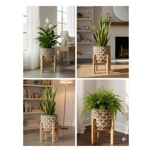 Set 3 Maceteros Artesanales Con Base De Madera Natural