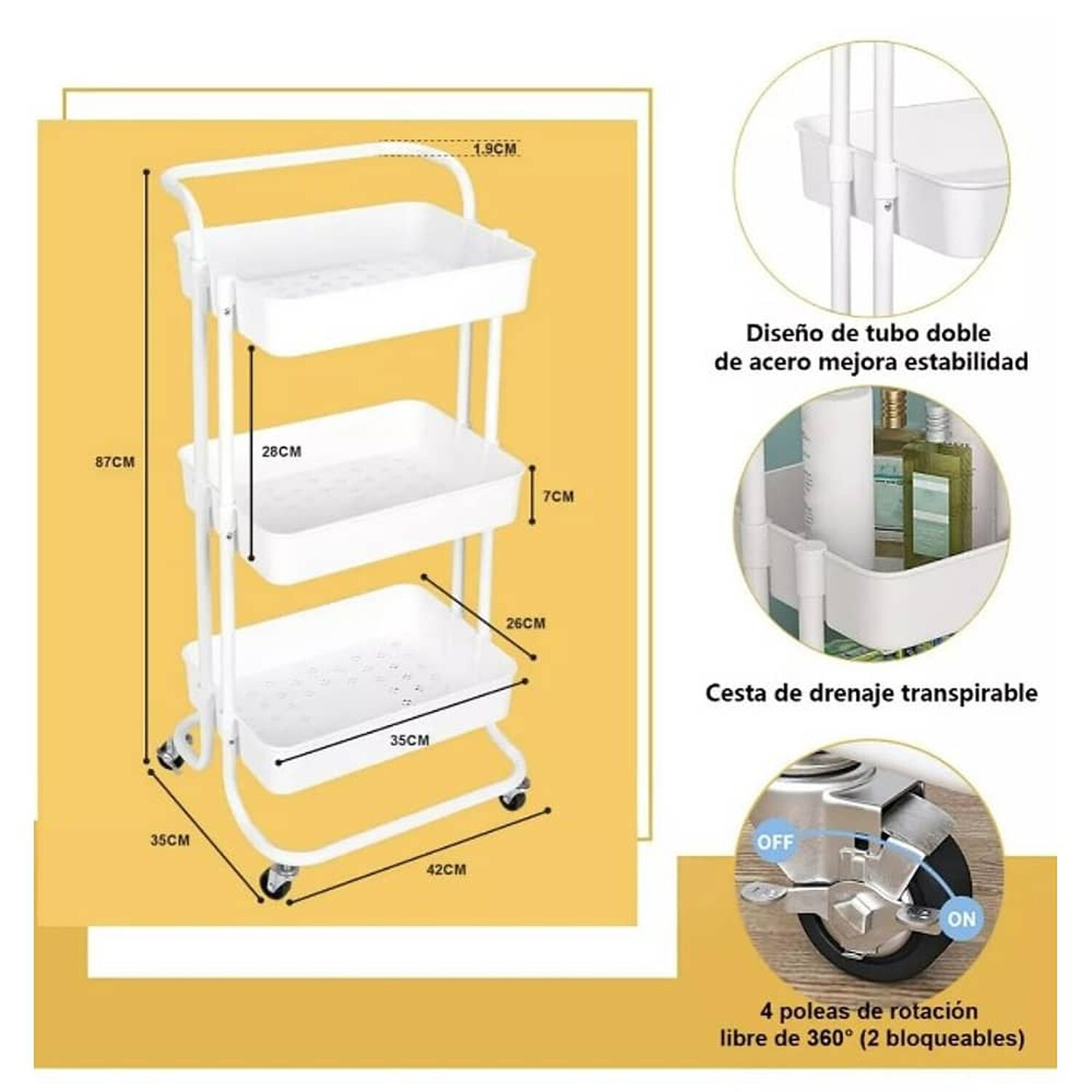 Carro Organizador Mueble Estante De Almacenamiento 3 Nivele Color Blanco image number 3.0