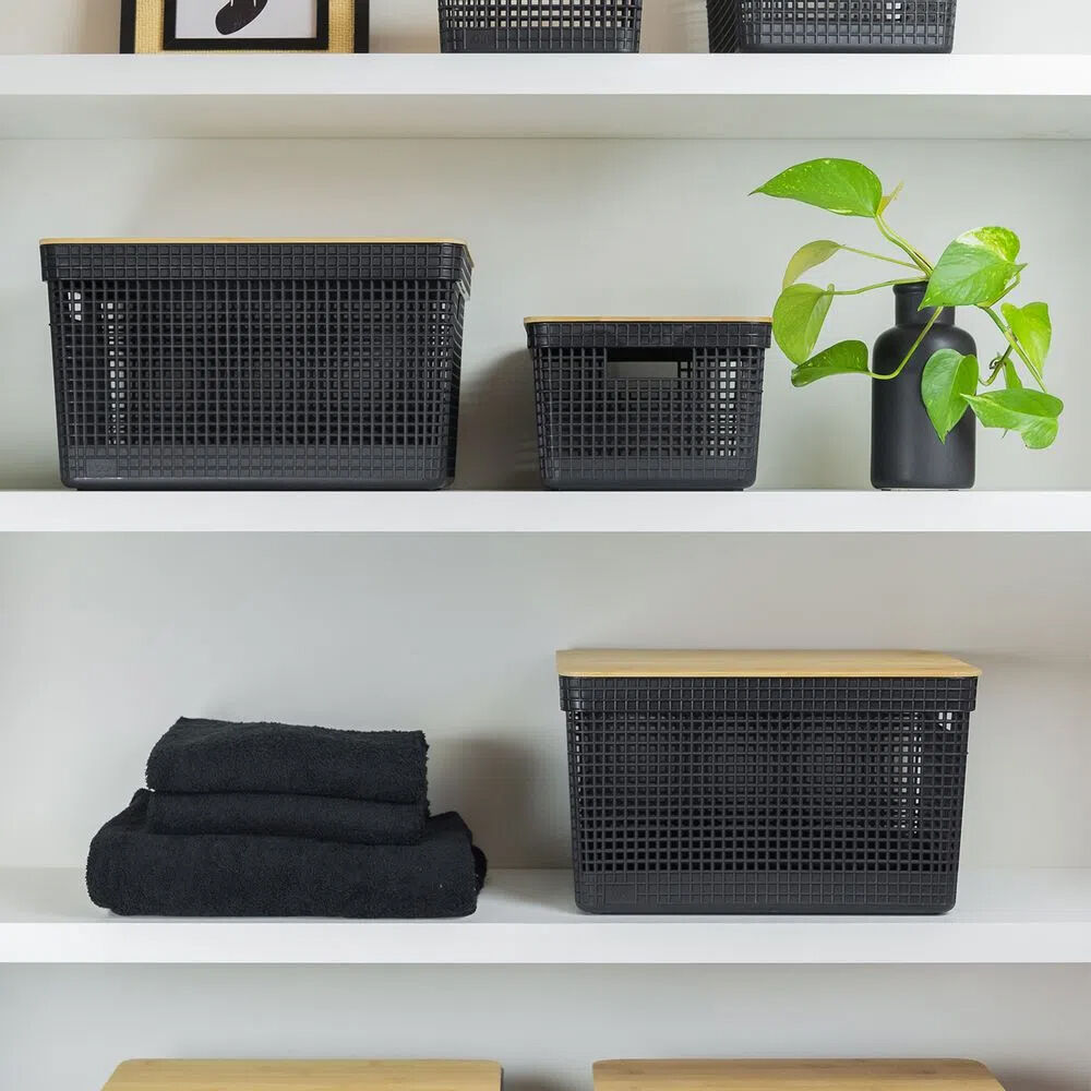 Cesta Organizadora Grid Con Tapa De Bambú 20 L Negro image number 1.0