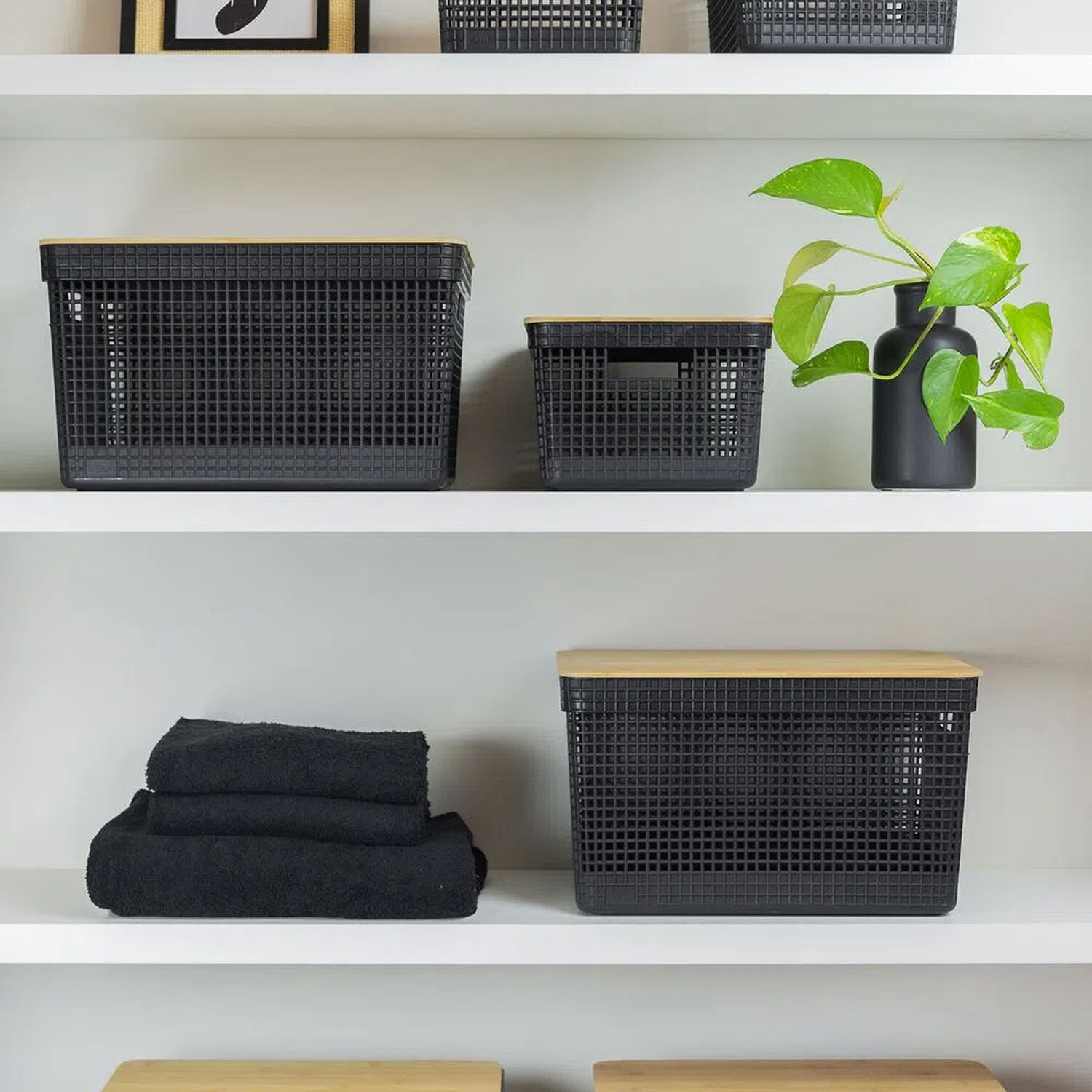 Cesta Organizadora Grid Con Tapa De Bamb&uacute; 20 L Negro image number 1.0