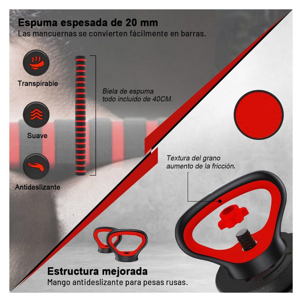 Set 15 Kg Mancuernas Ajustable Barra Y Kettlebell 3 En 1 image number 5.0
