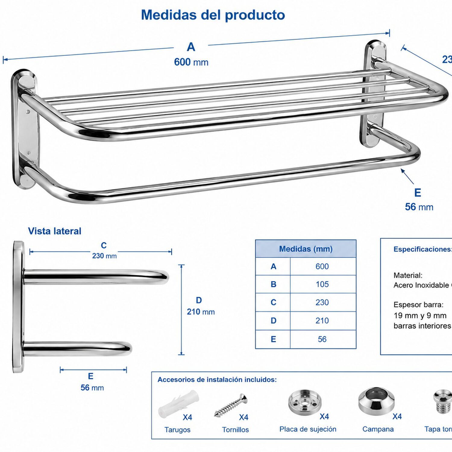Toallero Repisa Acero Inoxidable Con 4 Barras Marca Taumm image number 7.0