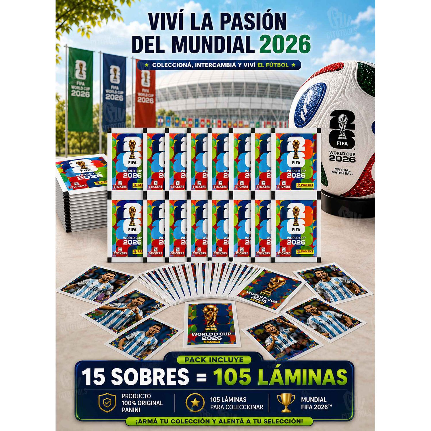 Pack 15 Sobres Panini Mundial 2026 105 L&aacute;minas Originales image number 2.0