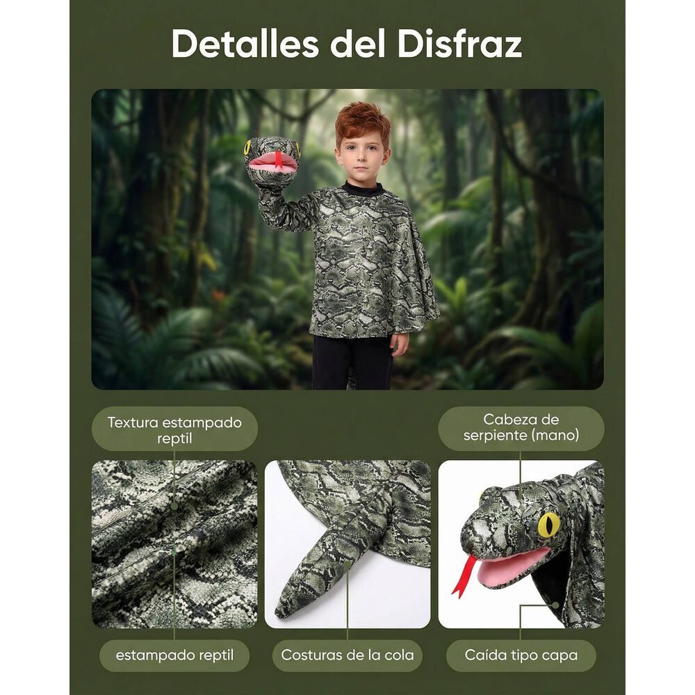 Disfraz Anaconda Infantil Tipo Capa Con Cabeza De Serpiente, Para Fiestas Y Cosplay image number 5.0