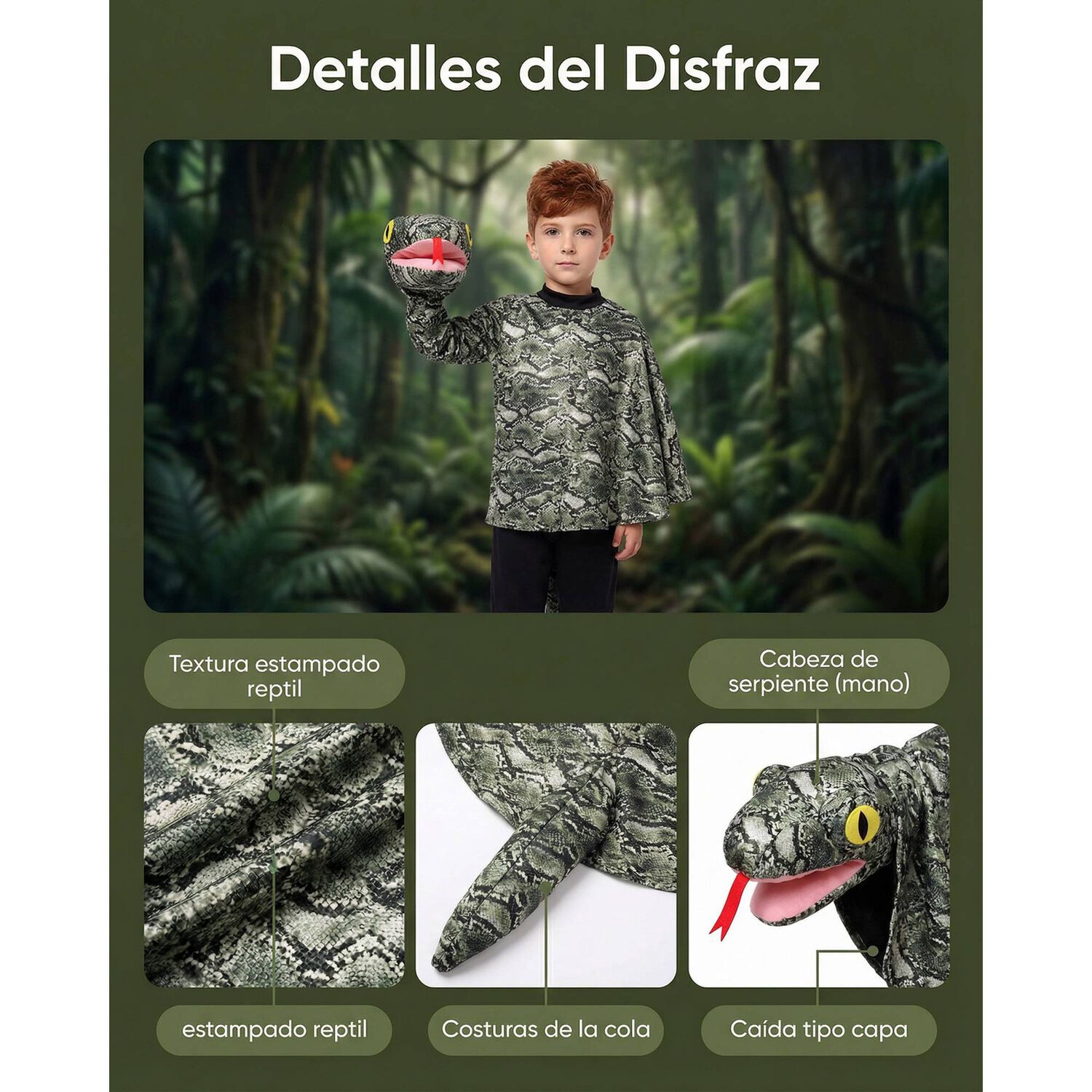 Disfraz Anaconda Infantil Tipo Capa Con Cabeza De Serpiente, Para Fiestas Y Cosplay image number 5.0