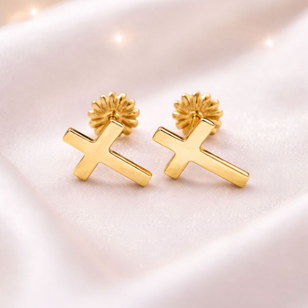 Aros Cruz Oro 18k Nacional 10x5mm Atornillado 1gr Unisex Hipoalerg&eacute;nicos image number 1.0