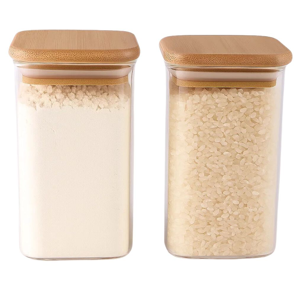 Set 2 Frascos Hermeticos Cuadrado 1100ml Vidrio 12cm Tapa Bambú image number 1.0