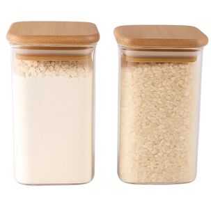 Set 2 Frascos Hermeticos Cuadrado 1100ml Vidrio 12cm Tapa Bambú