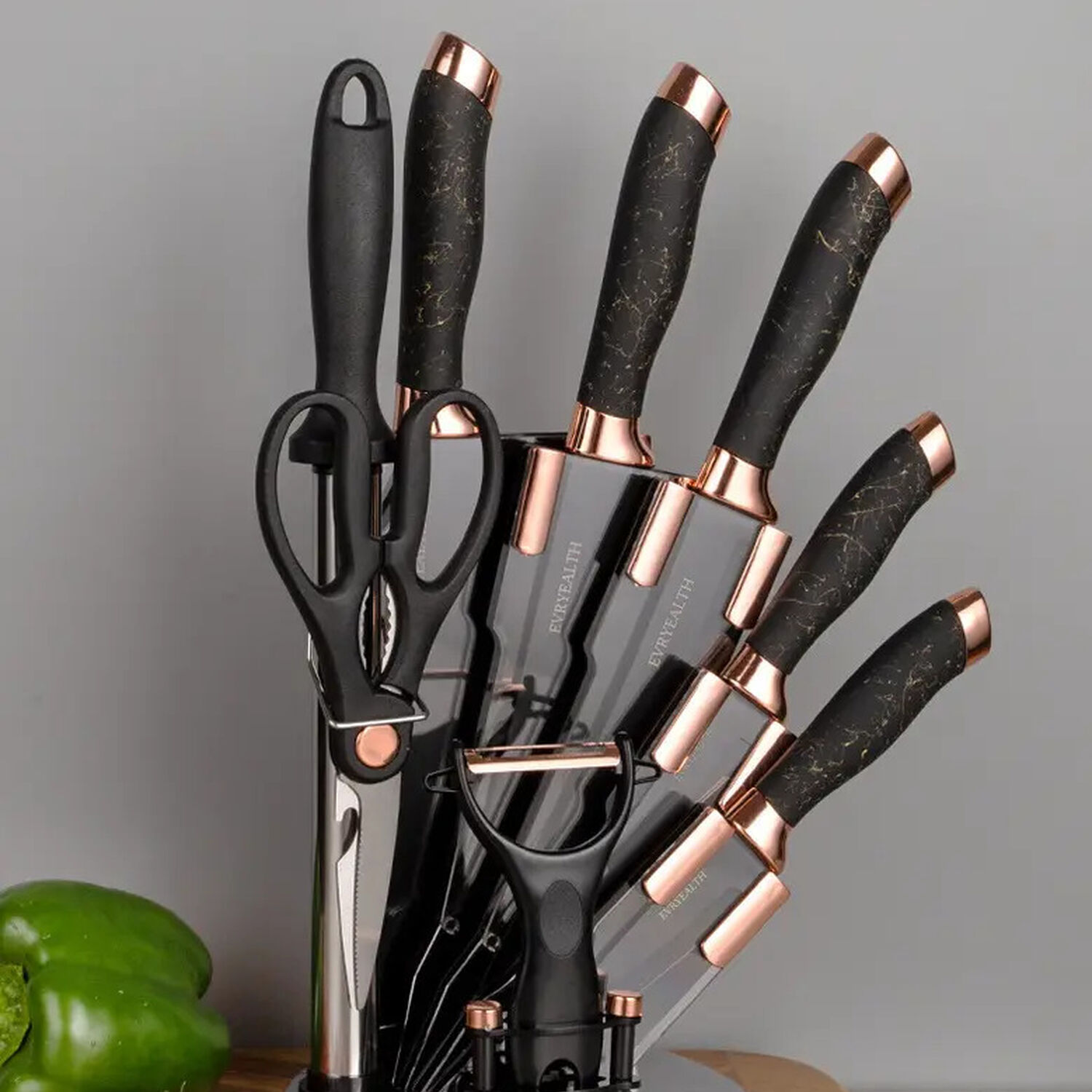 Set Cuchillos De Cocina 9 Piezas Con Base Giratoria Marmoleado Negro Dorado image number 3.0