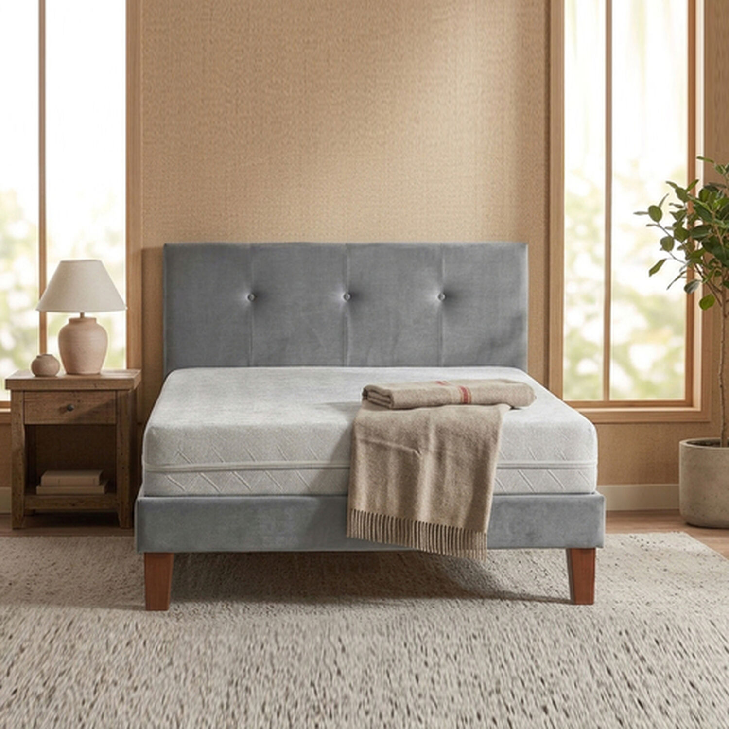 Cama Europea Zen Best 1 Plaza Colchon Espuma Con Funda Velvet Gris + Respaldo image number 1.0