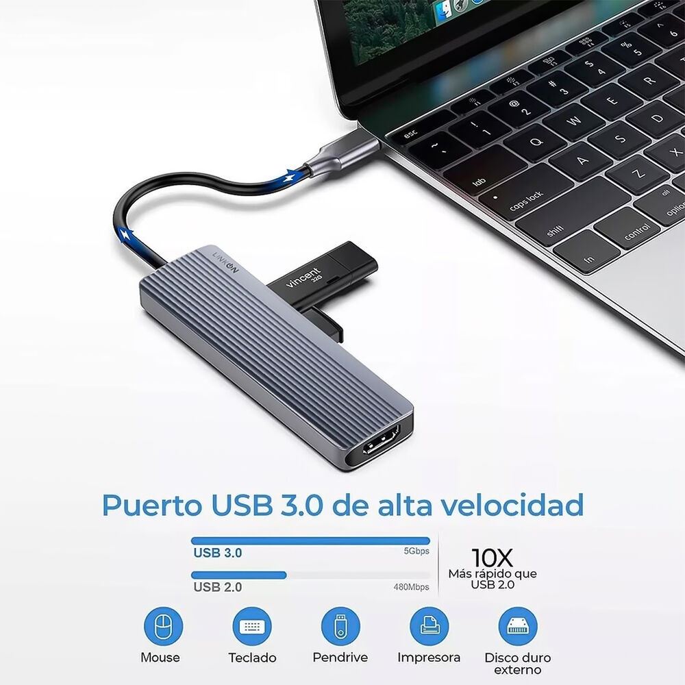 Linkon Hub Usb-c 6 En 1 Hdmi 4k Microsd Tf Gris image number 1.0